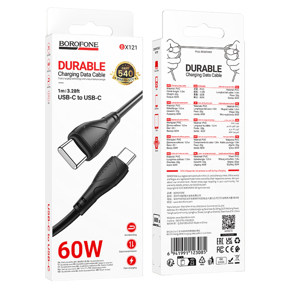 USB-C - USB-C Borofone BX121 Energy adat- és töltőkábel, 60W, 1m, Fekete