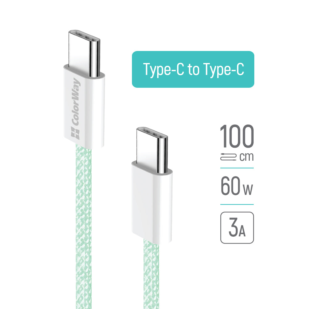 USB-C - USB-C adat- és töltőkábel ColorWay CW-CBPDCC061, 60W, 1m, Zöld
