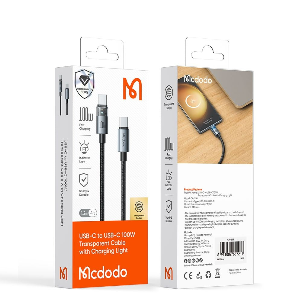 USB-C - USB-C McDodo CA-5580 adat- és töltőkábel, 100W, 1.2m, Fekete