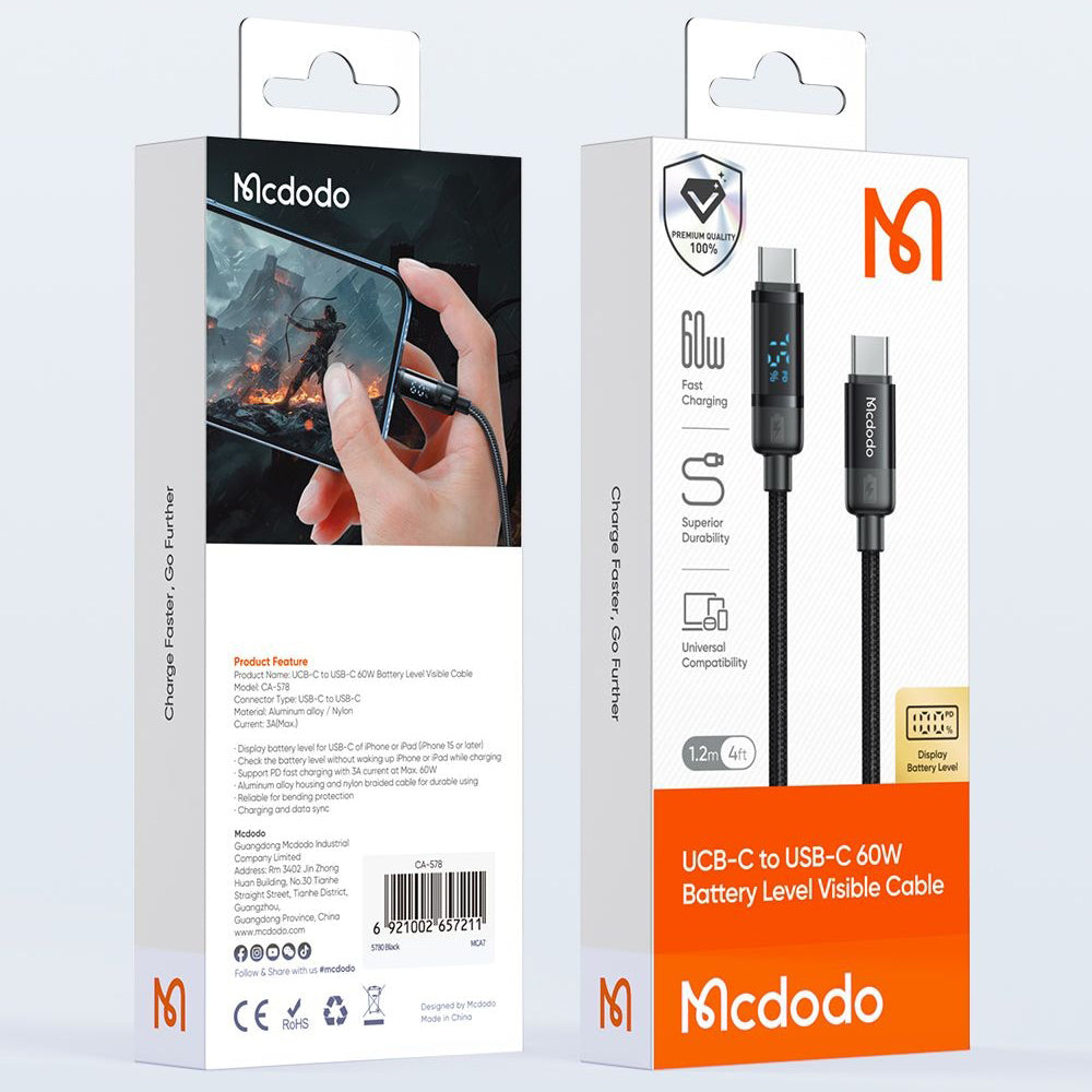 USB-C - USB-C McDodo CA-5780 Bat Display adat- és töltőkábel, 60W, 1.2m, Fekete