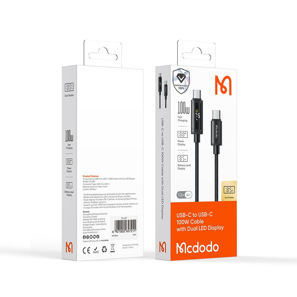 USB-C - USB-C McDodo CA-8000 Display adat- és töltőkábel, 100W, 1.2m, Fekete