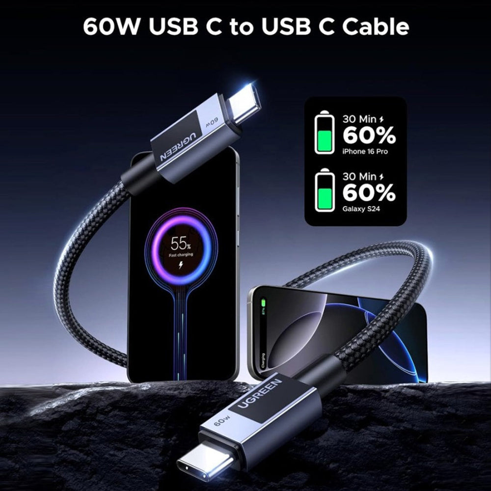USB-C - USB-C UGREEN L524 adat- és töltőkábel, 60W, 1m, szürke