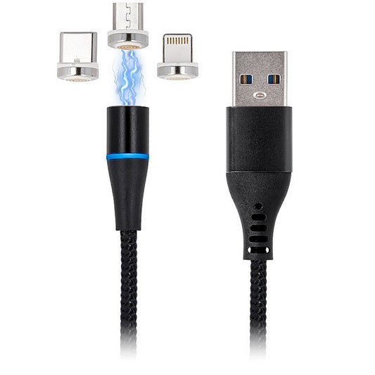 USB-A töltőkábel - Lightning / microUSB / USB-C MaXlife MXUC-02 mágneses 3in1, 18W, 1m, fekete