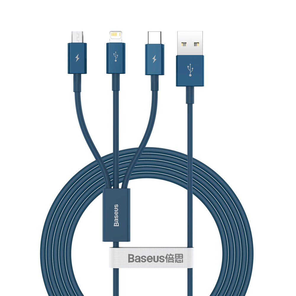 Töltőkábel USB-A - Lightning / microUSB / USB-C Baseus Superior 3in1 sorozat, 20W, 1.5m, kék CAMLTYS-03