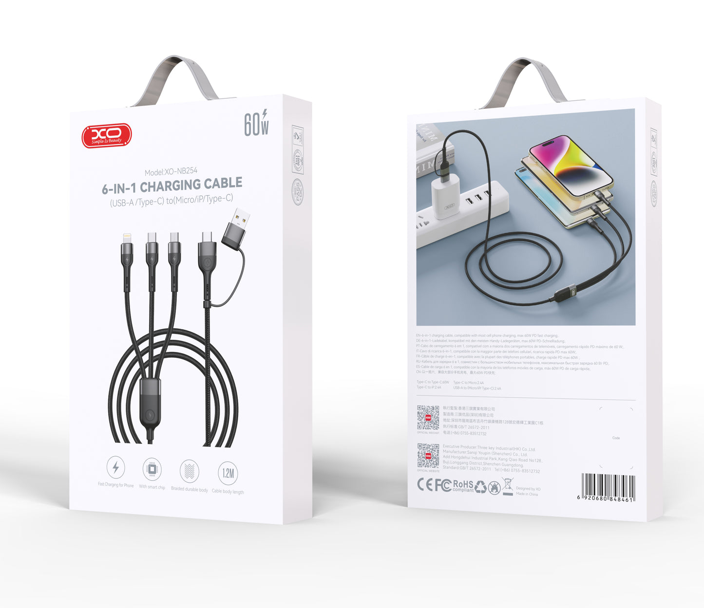 Töltőkábel USB-A / USB-C - Lightning / microUSB / USB-C XO Design NB254 3in1, 60W, 1.2m, fekete