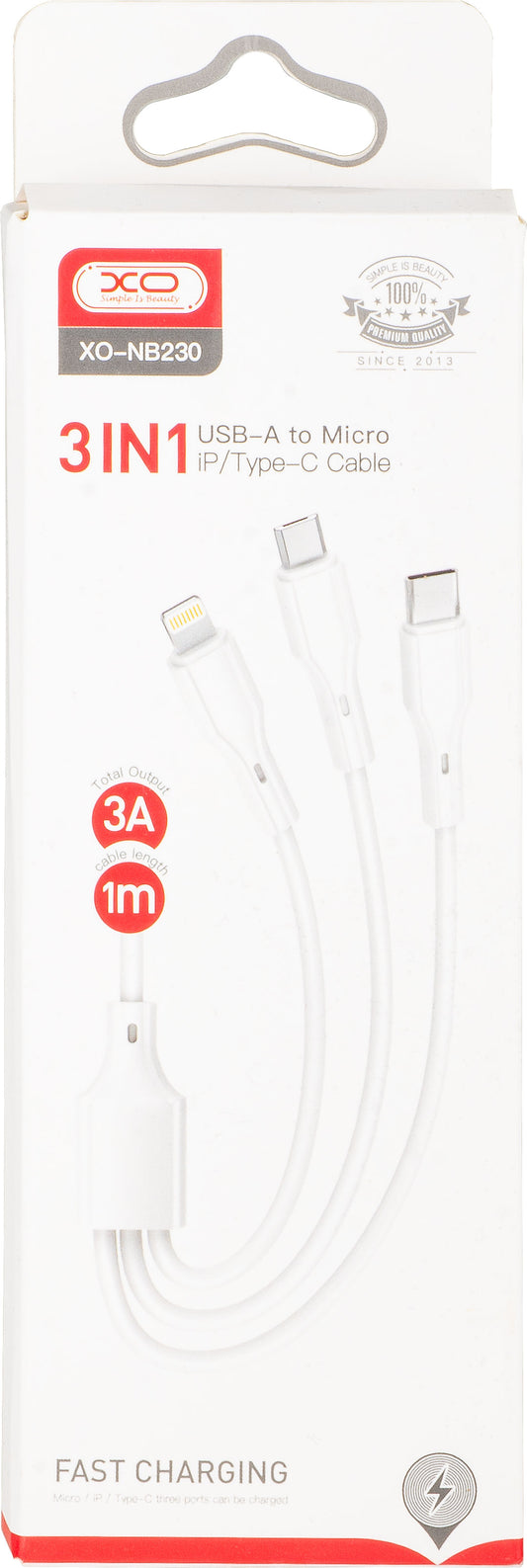 USB-A - Lightning / microUSB / USB-C XO Design NB230 3in1 töltőkábel, 20W, 1m, Fehér