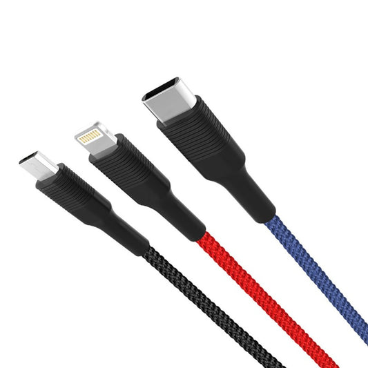 USB-A - Lightning / microUSB / USB-C töltőkábel XO Design NB54, 18W, 1.2m, Többszínű