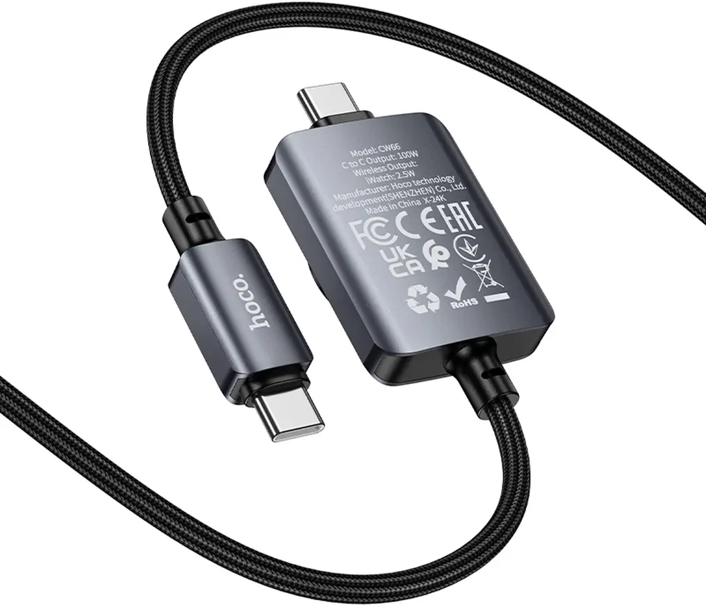 USB-C töltőkábel - USB-C HOCO CW66 2in1, 100W, 1,2m, Fekete