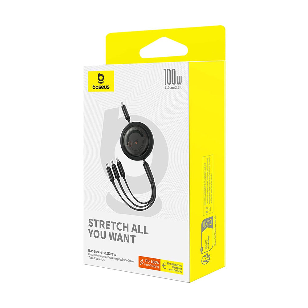 USB-C - Lightning / microUSB / USB-C Baseus Free2Draw Retractable töltőkábel, 100W, 1.1m, Fekete P10368700111-04