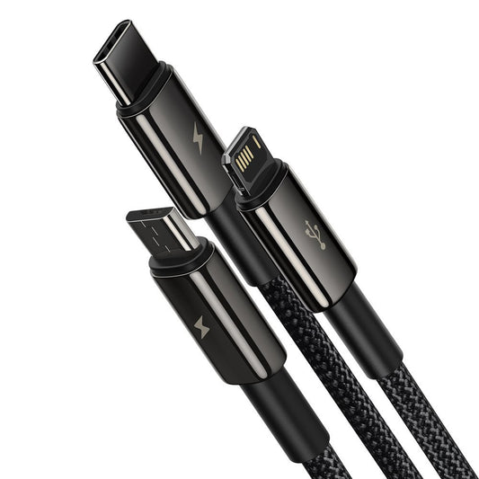 USB-A - Lightning / microUSB / USB-C töltőkábel Baseus Tungsten Gold 3in1, 18W, 1.5m, fekete CAMLTWJ-01