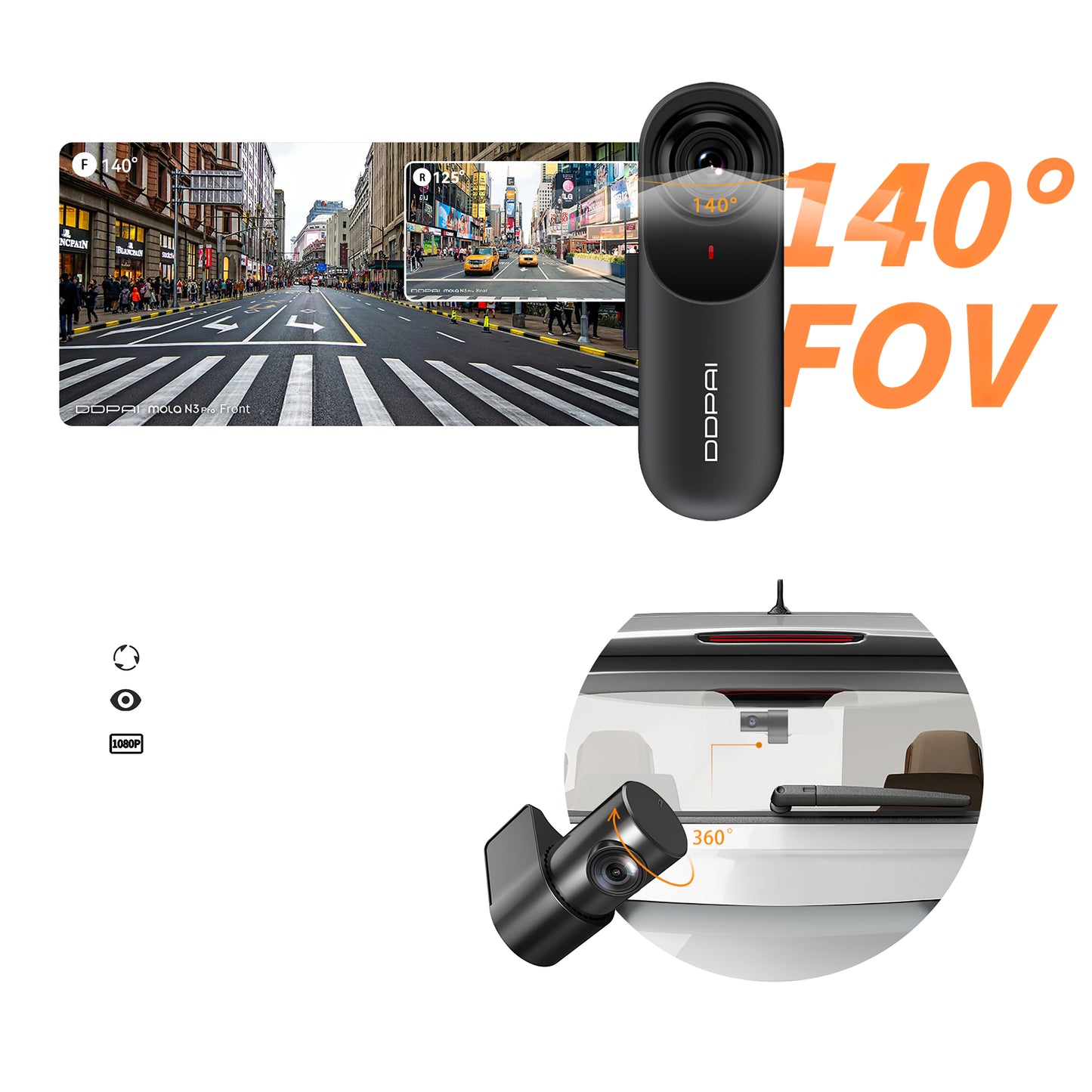 DDPAI mola N3 Pro Első és Hátsó Autós Kamera, 1600P, Wi-Fi