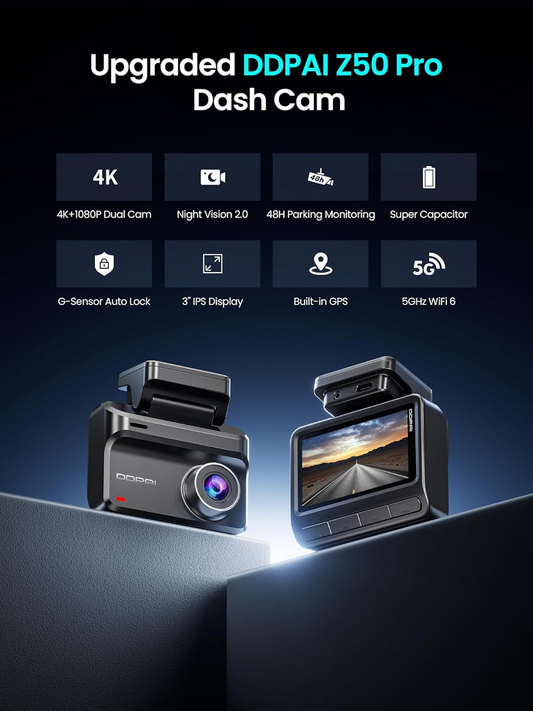 DDPAI Z50 Pro Dual Első és Hátsó Autós Kamera, 4K, Wi-Fi, GPS, 3 hüvelykes kijelző