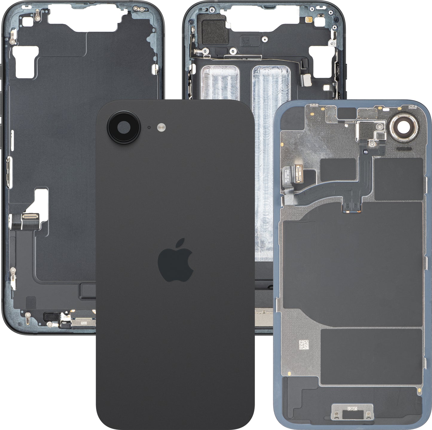 Apple iPhone 16e akkufedél, középső házzal, teljes alkatrészek, fekete, csere
