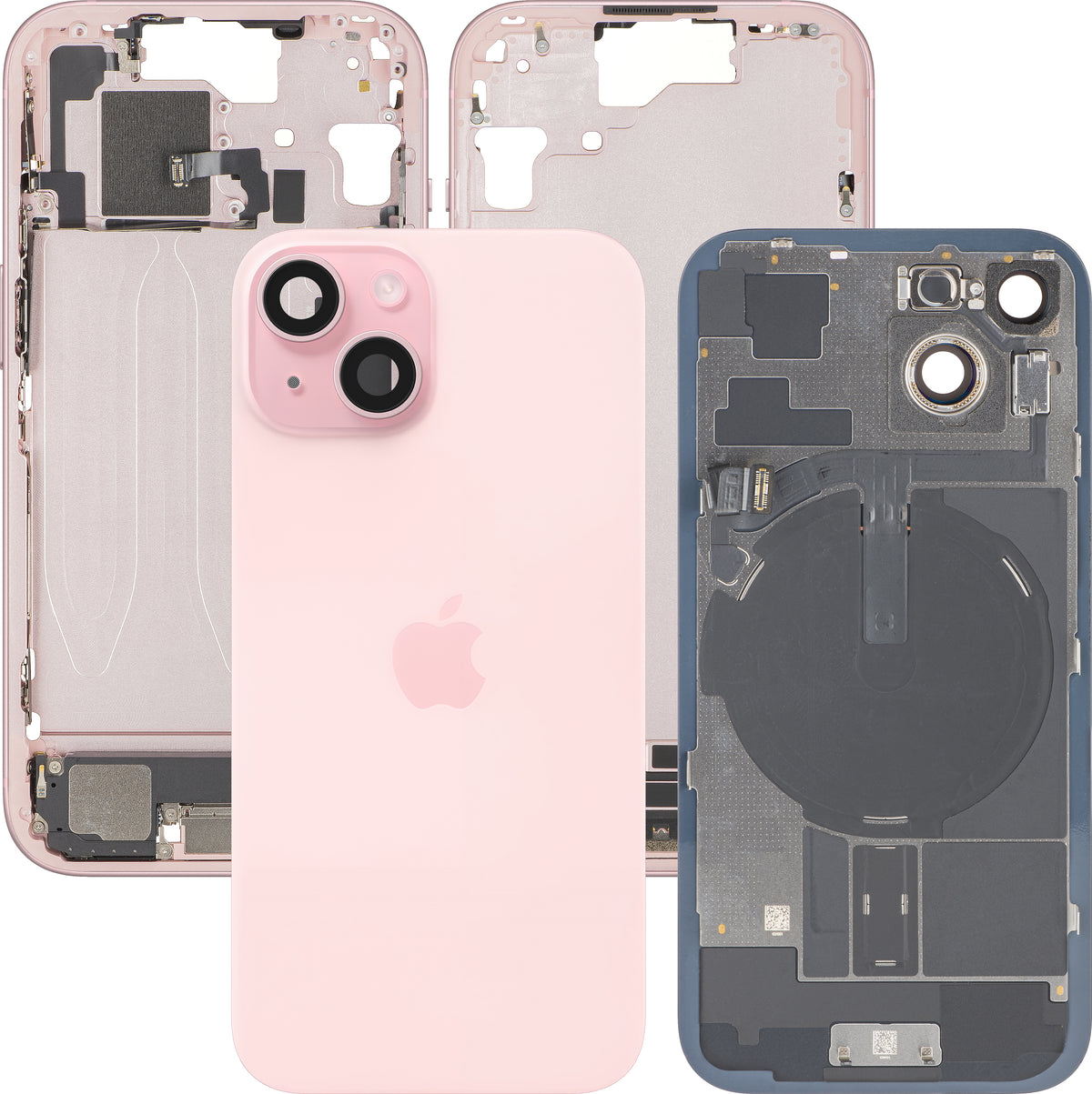 Apple iPhone 15 akkufedél, középső házzal, teljes alkatrészek, rózsaszín, prémium csere