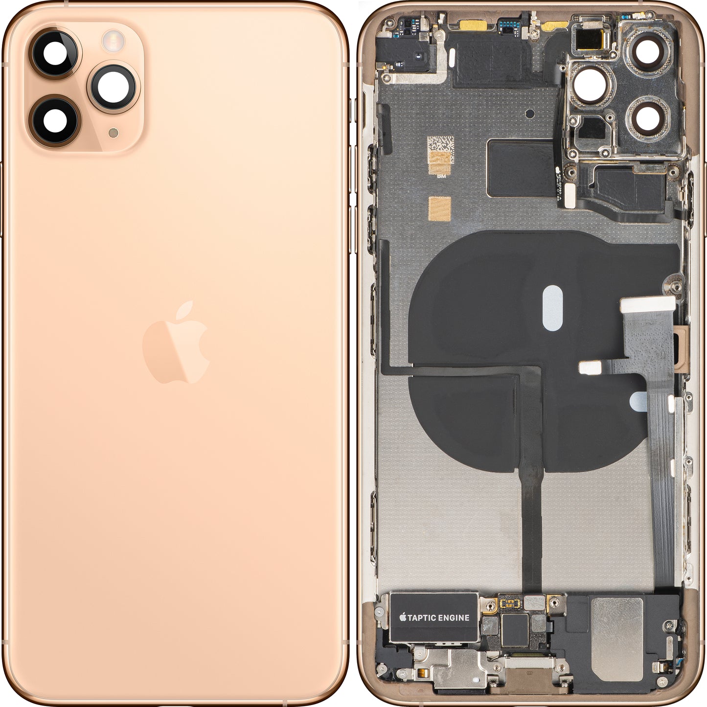 Apple iPhone 11 Pro Max akkufedél, középső házzal, teljes alkatrészek, arany (matt arany), prémium csere