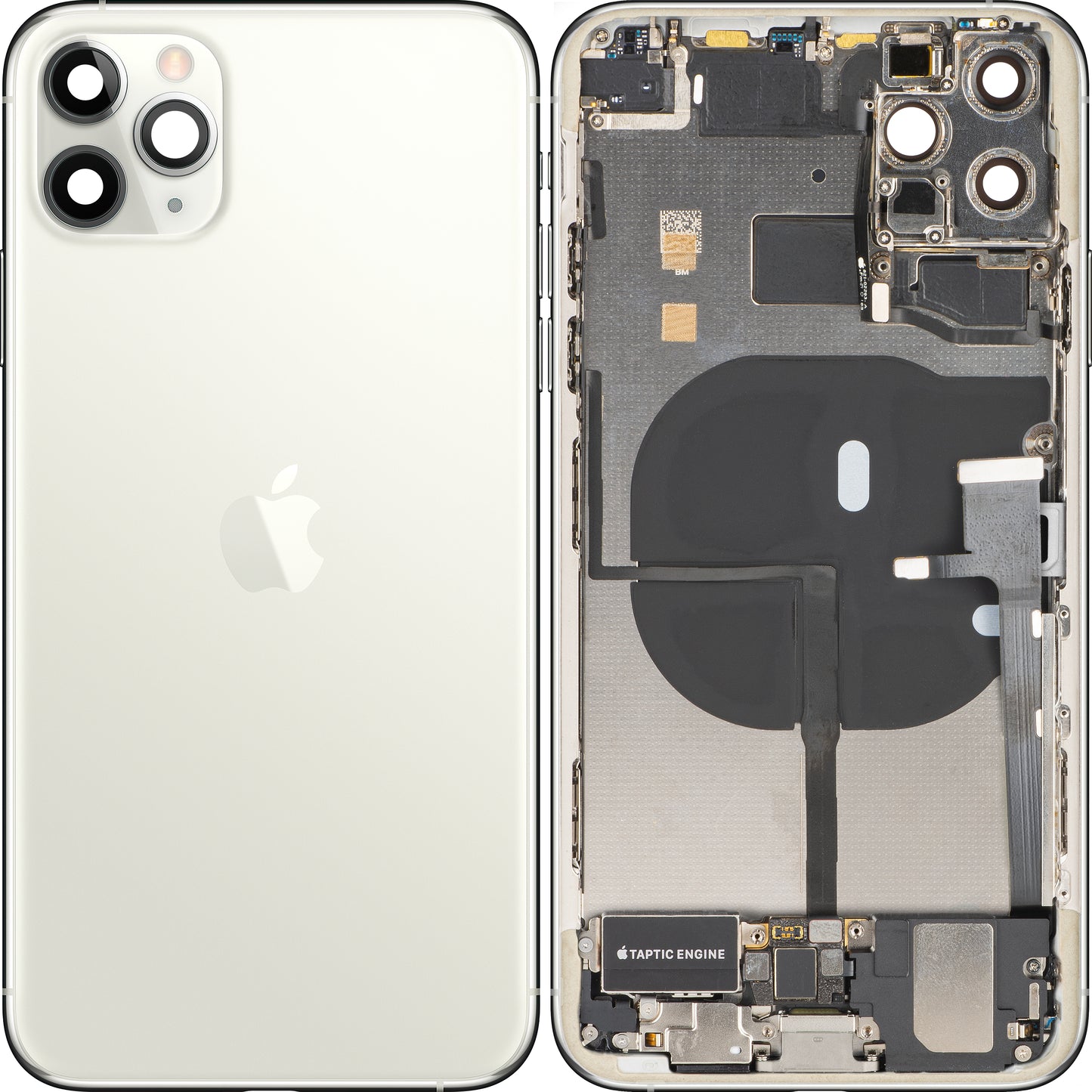Apple iPhone 11 Pro Max akkufedél, középső házzal, teljes alkatrészek, ezüst (matt ezüst), prémium csere