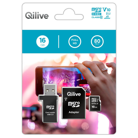 Qilive microSDHC memóriakártya, 16GB, 10-es osztály, kártyaolvasóval és adapterrel EKMSDM16GHC10QL