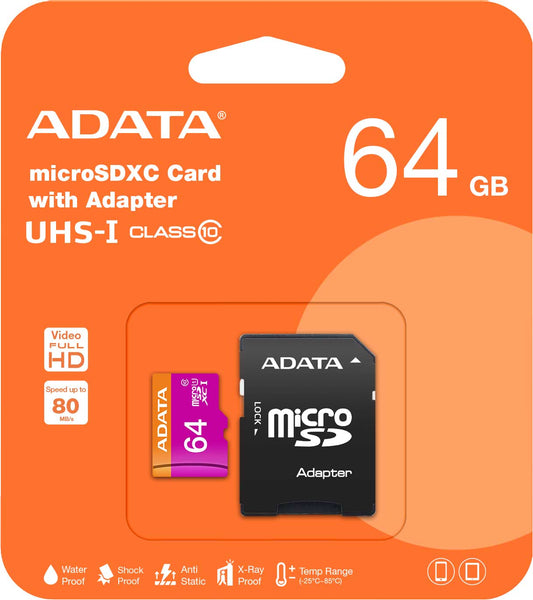 Adata microSDXC memóriakártya, 64Gb, Class 10 / UHS-1 U1, Adapterrel AUSDX64GUICL10-RA1
