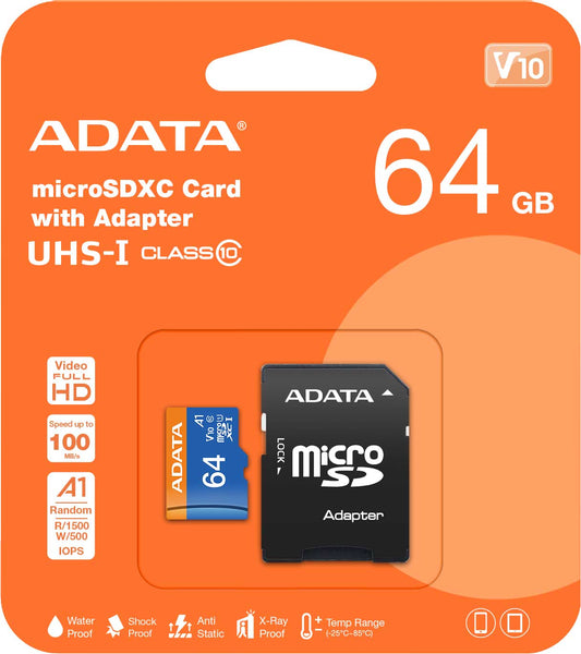 Memóriakártya microSDXC Adata, 64Gb, Class 10 / UHS-1 U1, Adapterrel AUSDX64GUICL10A1-RA1 AUSDX64GUICL10A1-RA1 AUSDX64GUICL10A1-RA1