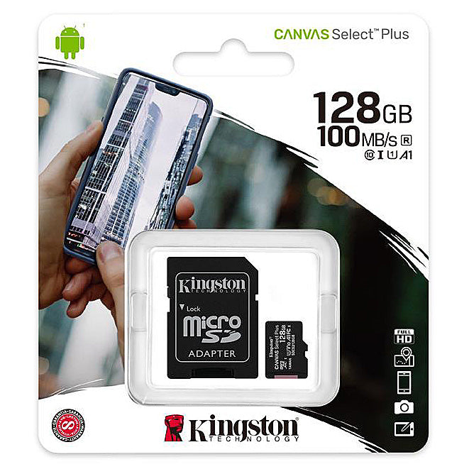 Kingston Canvas Select Plus Android A1 microSDXC memóriakártya Kingston Canvas Select Plus Android A1, 128Gb, Class 10 / UHS-1 U1, SDCS2/128GB adapterrel