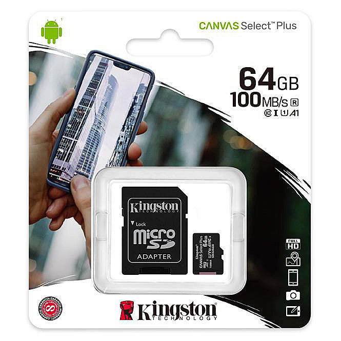 Kingston Canvas Canvas Select Plus Android A1, 64Gb, Class 10 / UHS-1 U1, microSDXC memóriakártya Kingston Canvas Select Plus Android A1, 64Gb, Class 10 / UHS-1 U1, SDCS2/64GB adapterrel