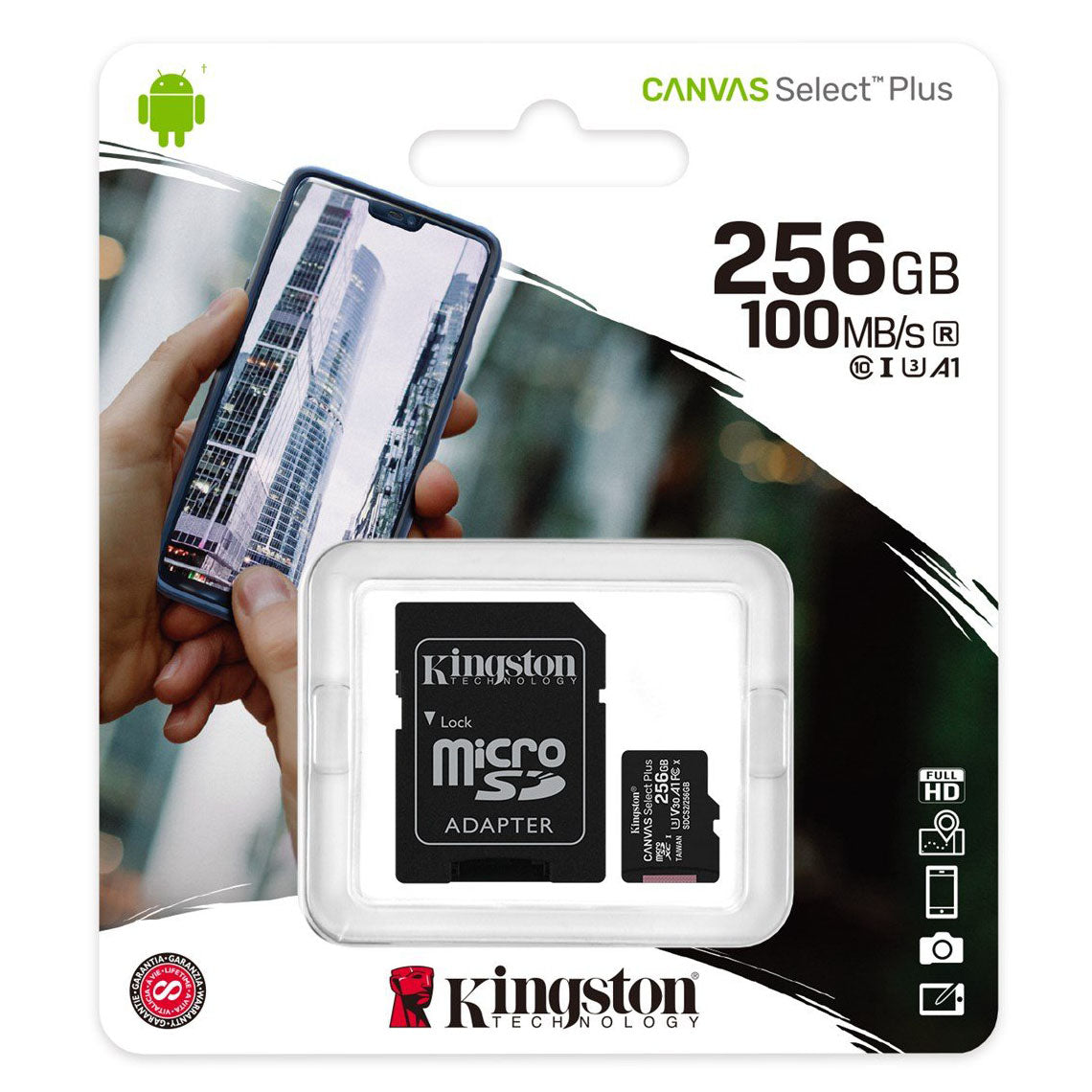 Kingston Canvas Select Plus Android A1 microSDXC memóriakártya Kingston Canvas Select Plus Android A1, 256Gb, Class 10 / UHS-1 U1, SDCS2/256GB adapterrel