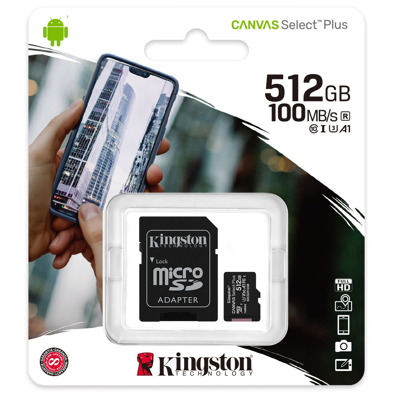 Kingston Canvas Select Plus Android A1 microSDXC memóriakártya, 512GB, 10-es osztály / UHS-1 U3, SD adapterrel SDCS2/512GB