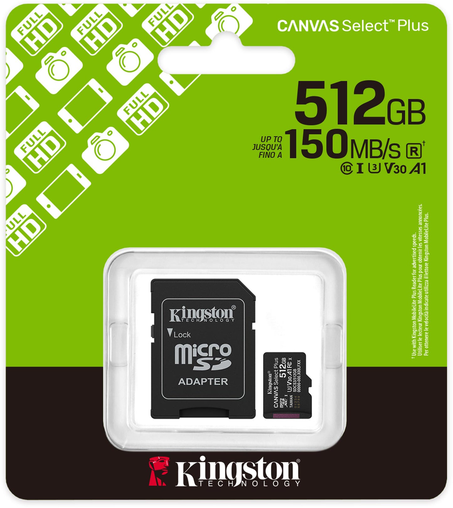 Kingston Canvas Select Plus Android A1 microSDXC memóriakártya, 512GB, 10. osztály / UHS-1 U3, adapterrel SDCS3/512GB