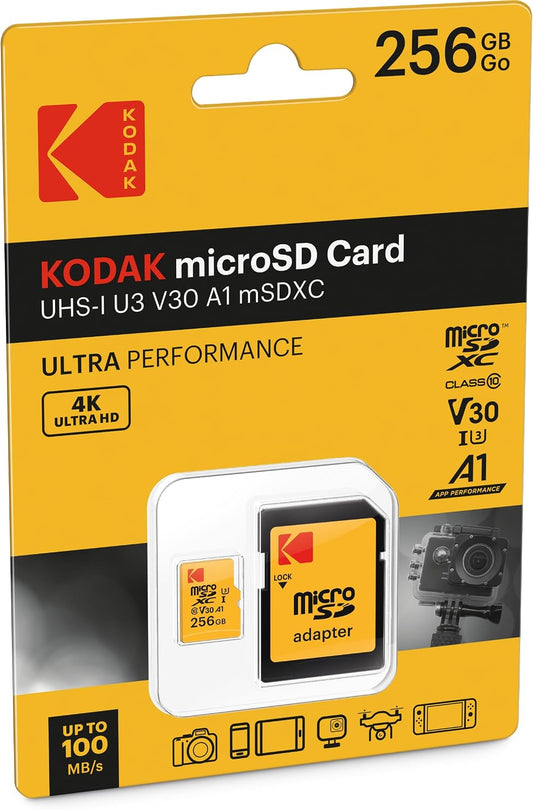 Kodak microSDXC memóriakártya, 256GB, 10-es osztály / UHS-1 U3, adapterrel EKMSDM256GXC10HPRK