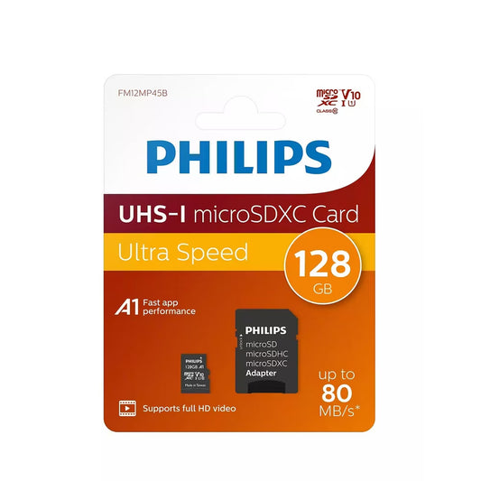 Philips microSDXC memóriakártya, 128Gb, 10. osztály / UHS-1 U1, Adapterrel FM12MP45B/10