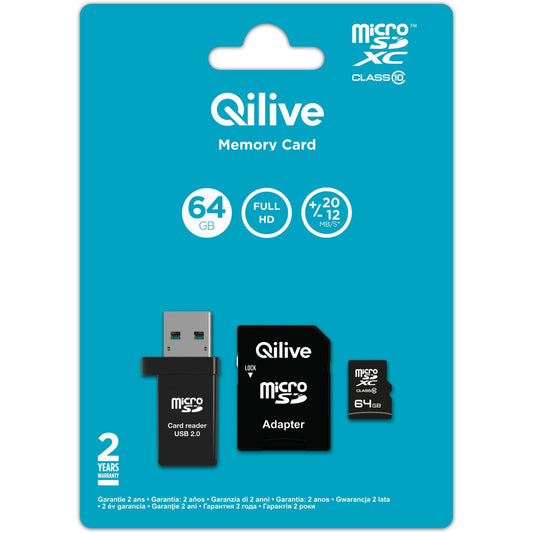 Qilive microSDXC Memóriakártya, 64Gb, 10. osztály, Kártyaolvasóval és Adapterrel EKMSDM64GXC10QL