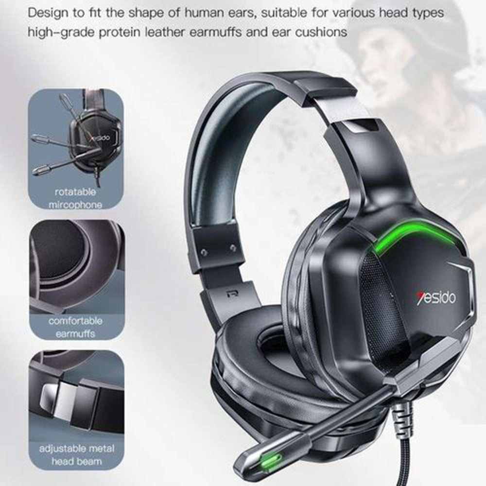 Gaming fülhallgató 3.5mm Yesido EK01, RGB, 1.2m, Fekete