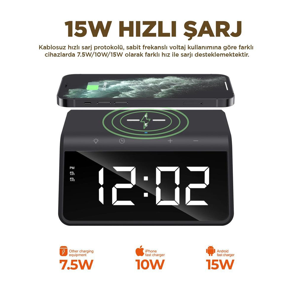 HAVIT W320 Digitális Óra Vezeték Nélküli QI Töltéssel, Fekete