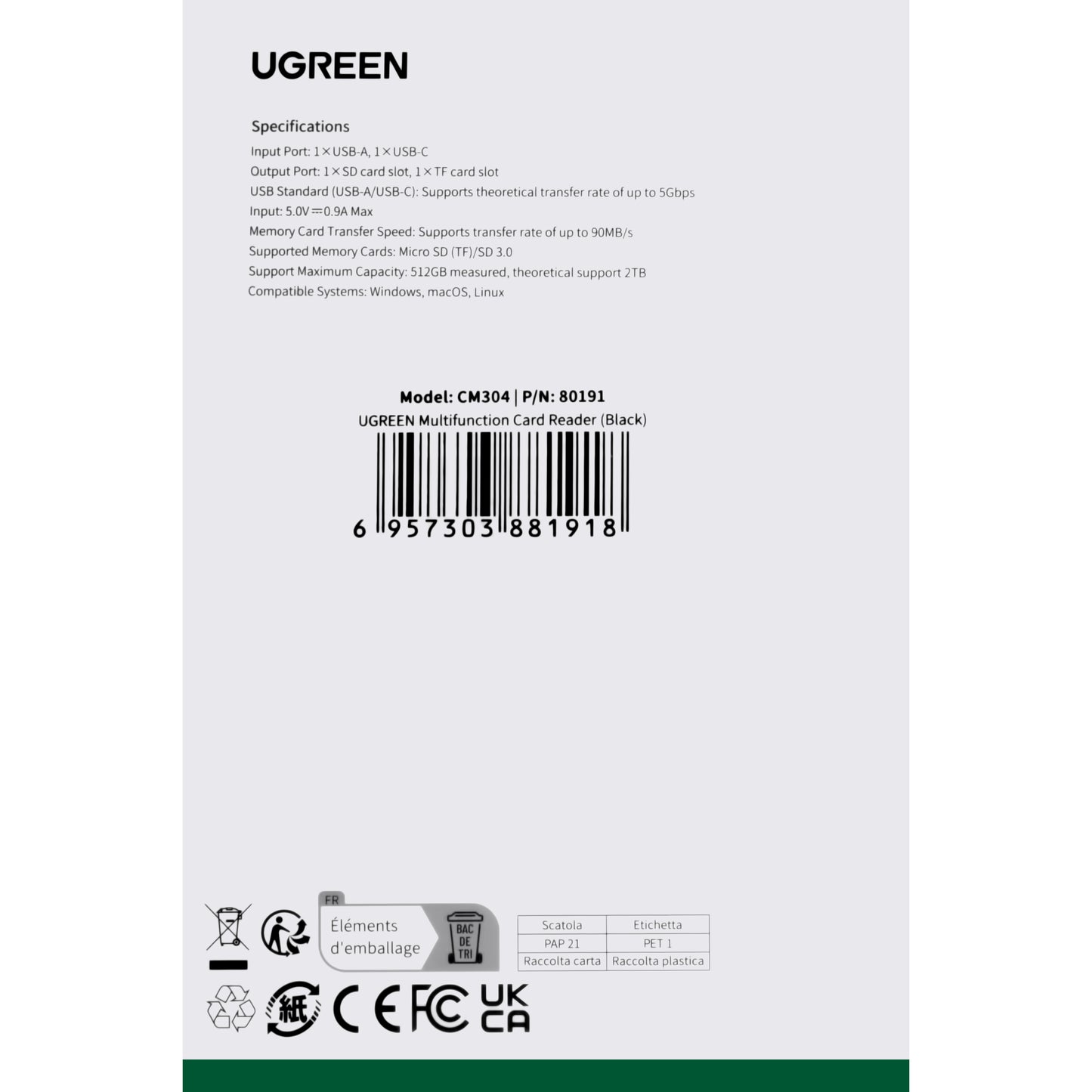 USB / USB-C kártyaolvasó UGREEN CM304, SD - microSD, Fekete