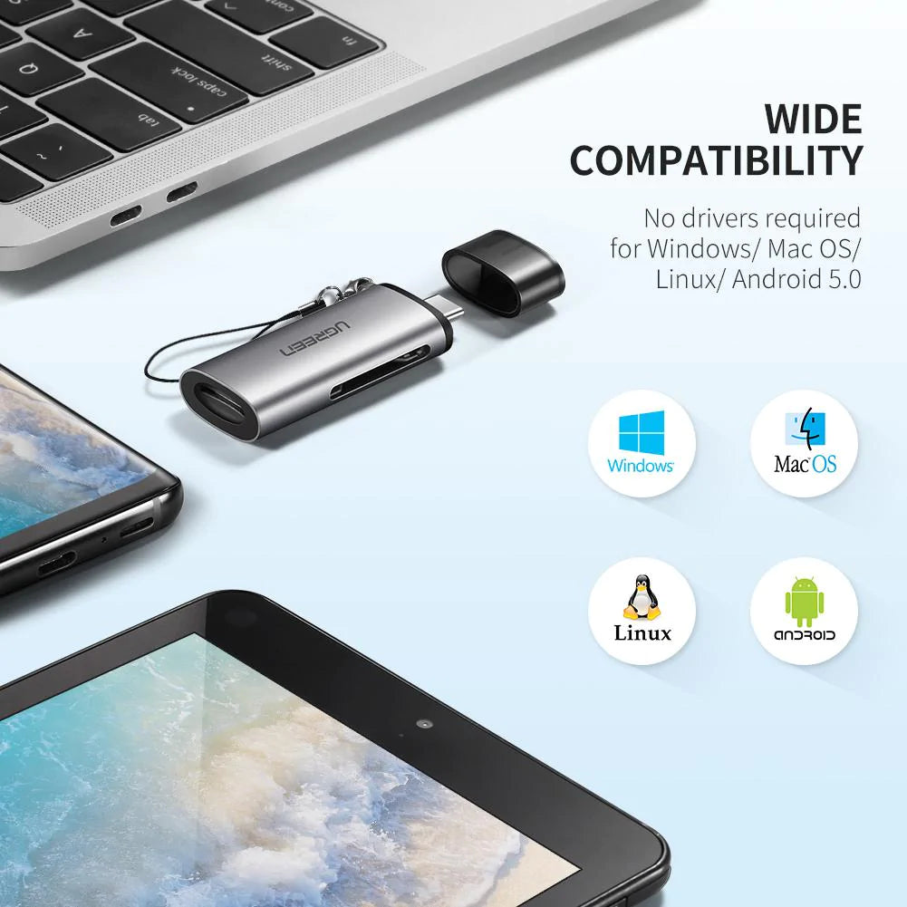 USB-C UGREEN CM184 kártyaolvasó, SD - microSD, Szürke