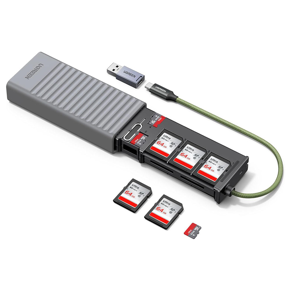 USB / USB-C kártyaolvasó UGREEN CM856 (55899) szervezővel, 2 x SD - microSD, szürke