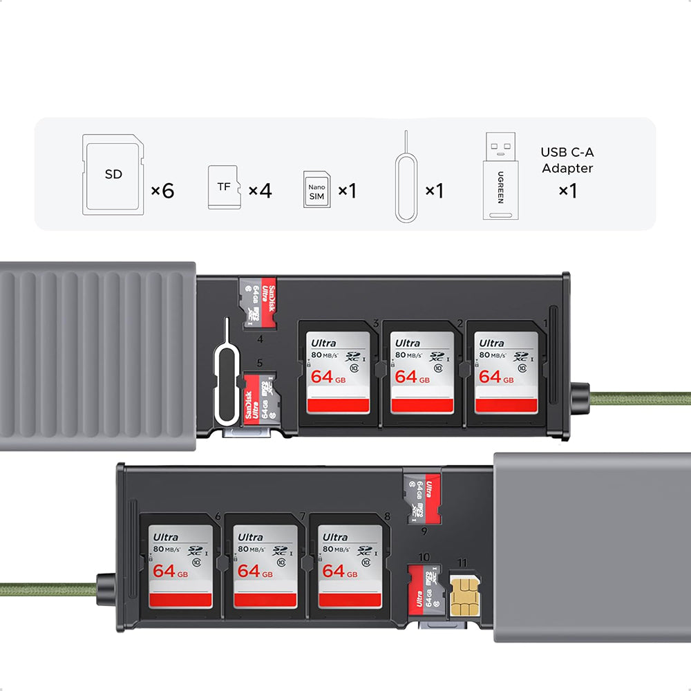 USB / USB-C kártyaolvasó UGREEN CM856 (55899) szervezővel, 2 x SD - microSD, szürke