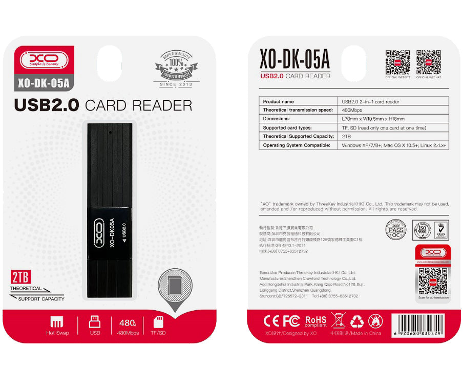USB kártyaolvasó XO Design DK05A, SD - microSD, Fekete