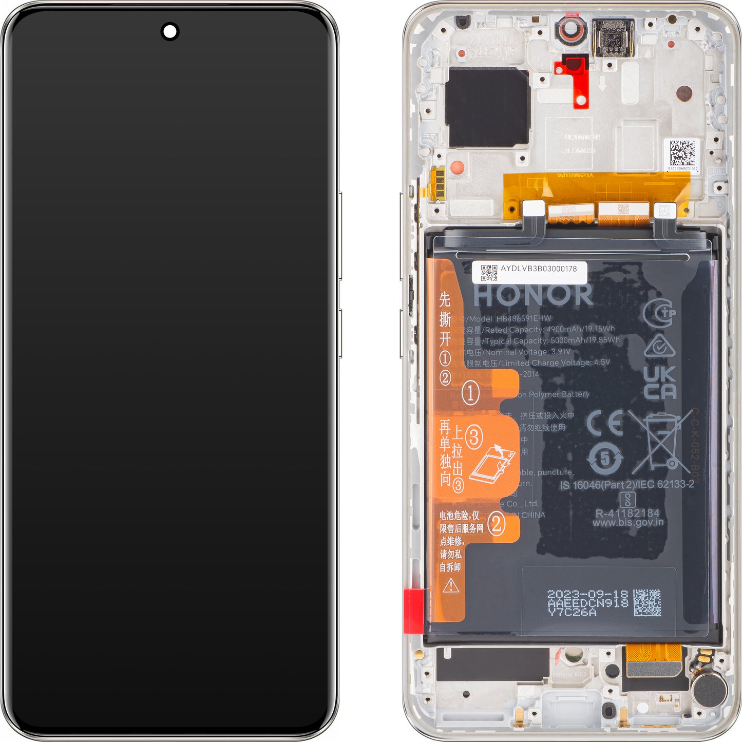 Érintőképernyős kijelző Honor 90, kerettel és akkumulátorral, ezüst (Diamond Silver), szervizcsomag 0235AGDR