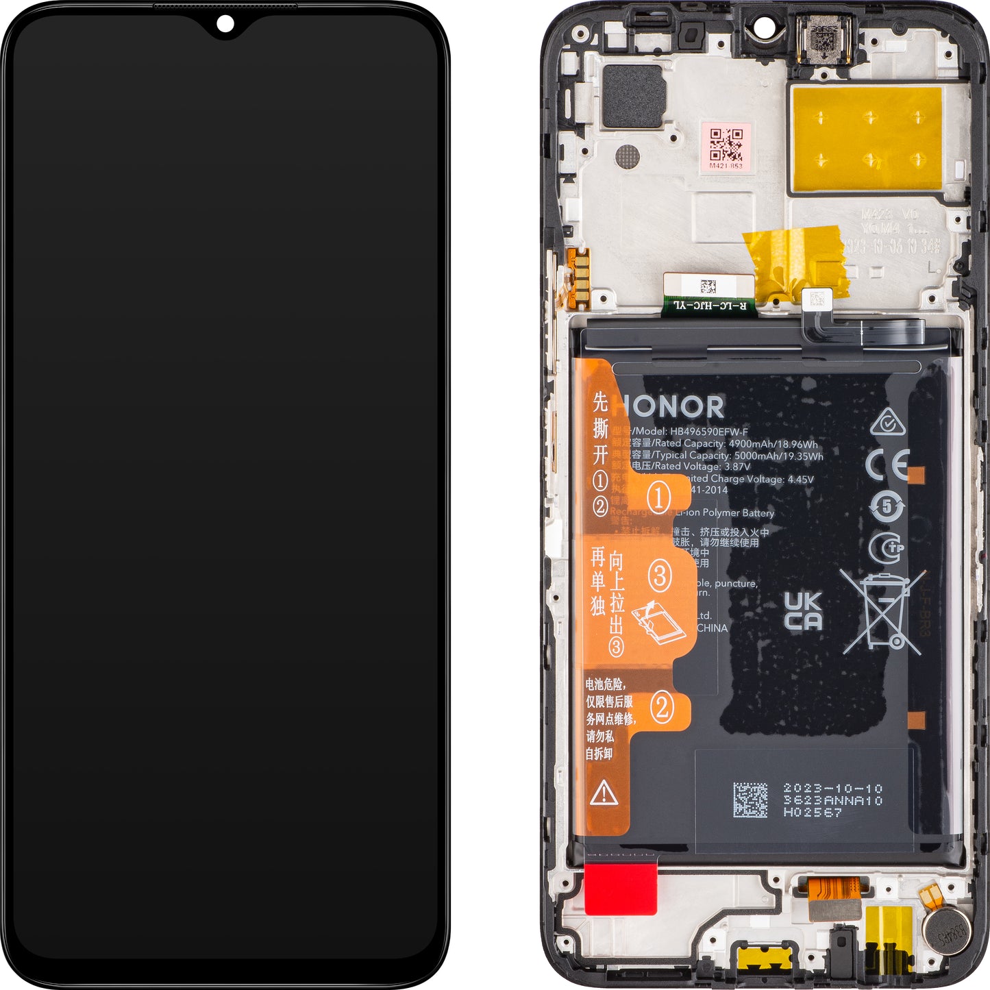 Érintőképernyős kijelző Honor 70 Lite, kerettel és akkumulátorral, fekete, szervizcsomag 0235AFJJJJ