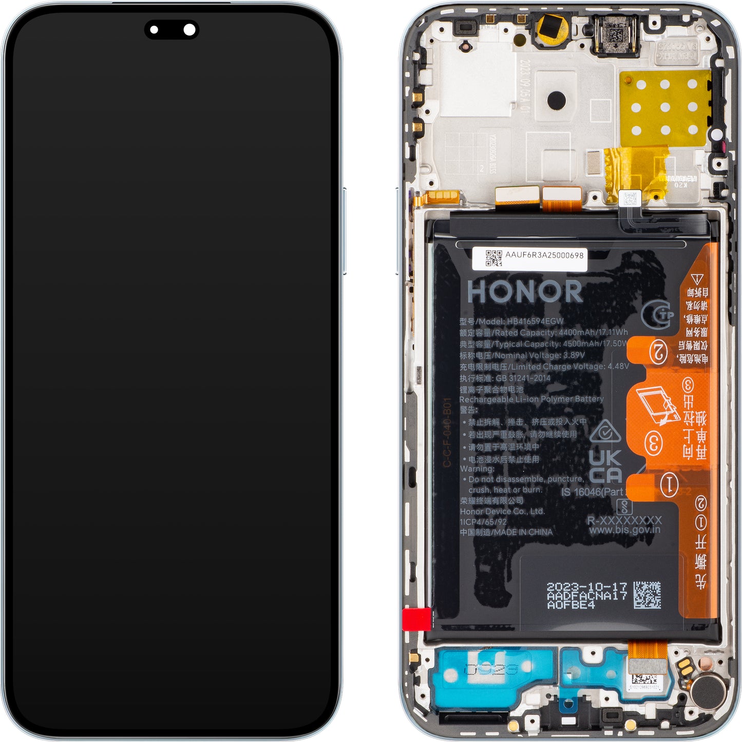 Honor 200 Lite / X8b érintőképernyős kijelző, kerettel és akkumulátorral, ezüst (Titanium Silver), Service Pack 0235AHGE