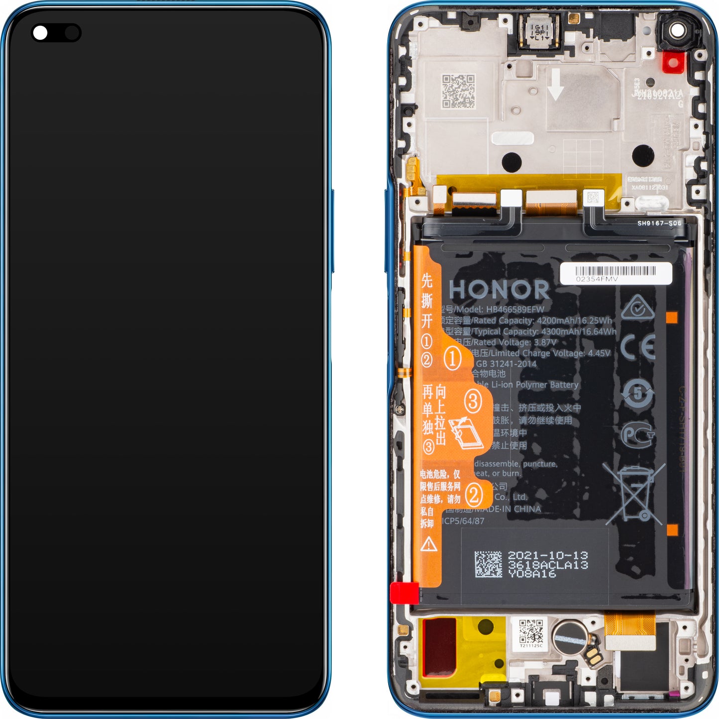 Érintőképernyős kijelző Honor 50 Lite, kerettel és akkumulátorral, mélytengeri kék, szervizcsomag 02354FMW