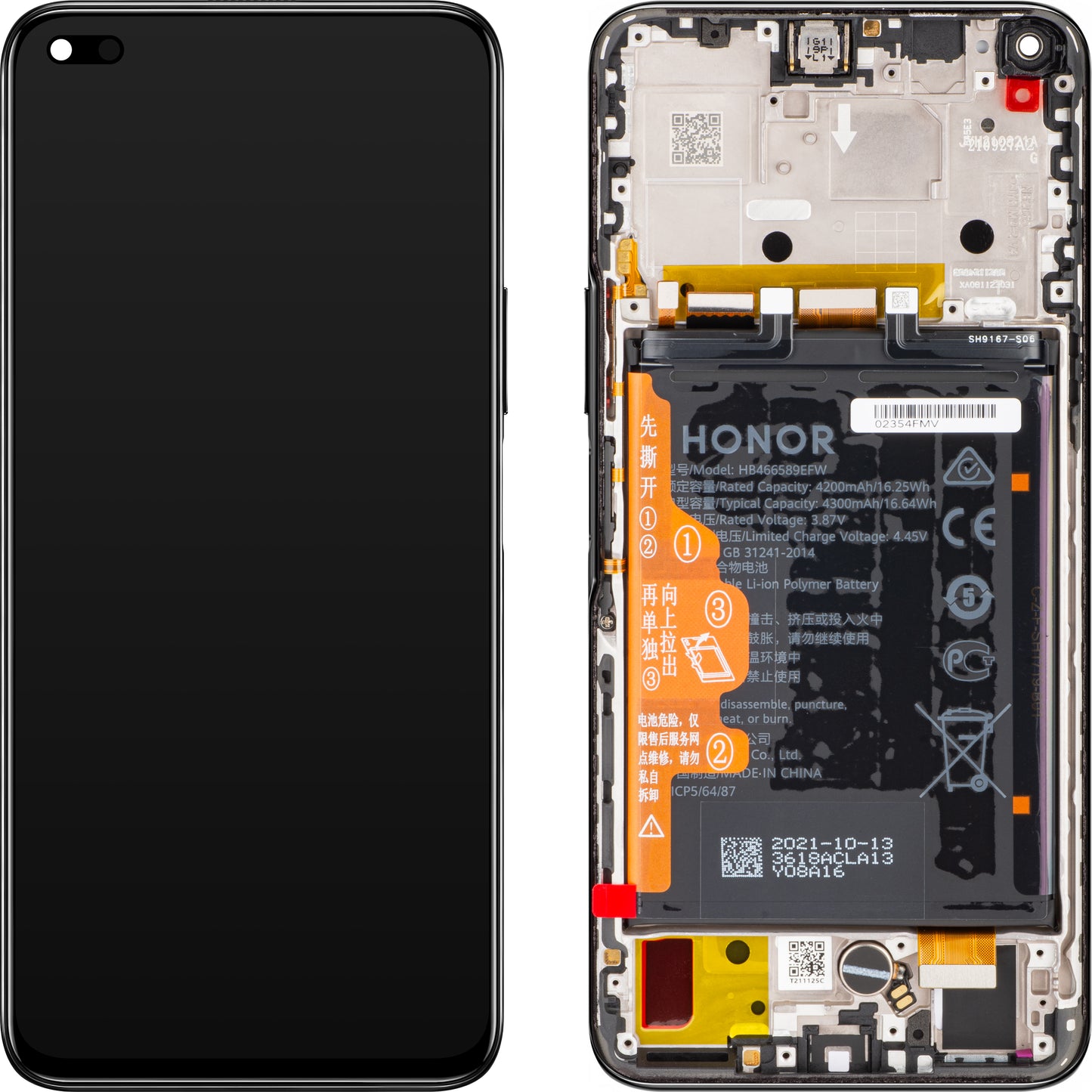 Érintőképernyős kijelző Honor 50 Lite, kerettel és akkumulátorral, fekete (Midnight Black), szervizcsomag 02354FMV