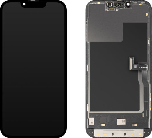 MP érintőképernyős kijelző kompatibilis az Apple iPhone 13 Pro-val, kerettel, mozgatható IC-s Soft OLED 120Hz FHD verzió, fekete