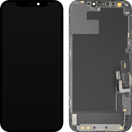 MP érintőképernyős kijelző kompatibilis az Apple iPhone 12 / 12 Pro-val, kerettel, mozgatható IC-vel ellátott Soft OLED FHD verzió, Fekete