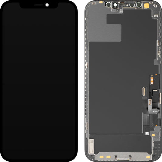 MP érintőképernyős kijelző kompatibilis az Apple iPhone 12 / 12 Pro-val, kerettel, OLED Diagnosztikai verzió, Fekete