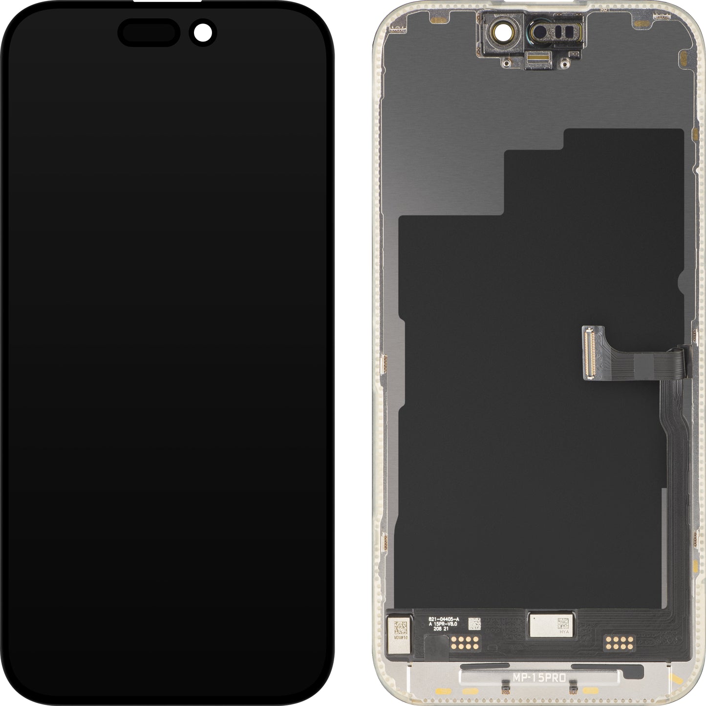 MP érintőképernyős kijelző kompatibilis az Apple iPhone 15 Pro készülékkel, kerettel, prémium soft OLED FHD 120Hz diagnosztikai verzió, fekete