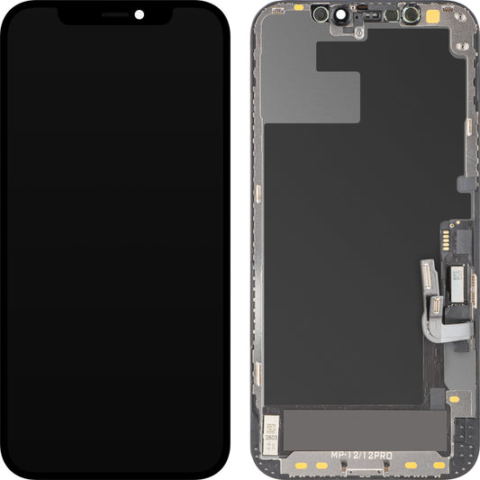 MP érintőképernyős kijelző kompatibilis az Apple iPhone 12 / 12 Pro készülékekkel, kerettel, OLED FHD diagnosztikai szoftververzió, fekete