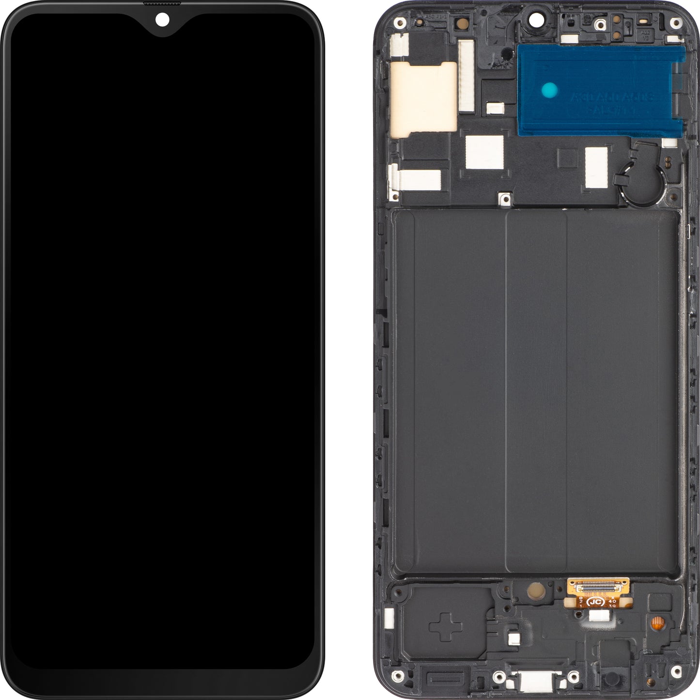 MP érintőképernyős kijelző kompatibilis a Samsung Galaxy A50 A505 készülékkel, kerettel, OLED verzió, fekete