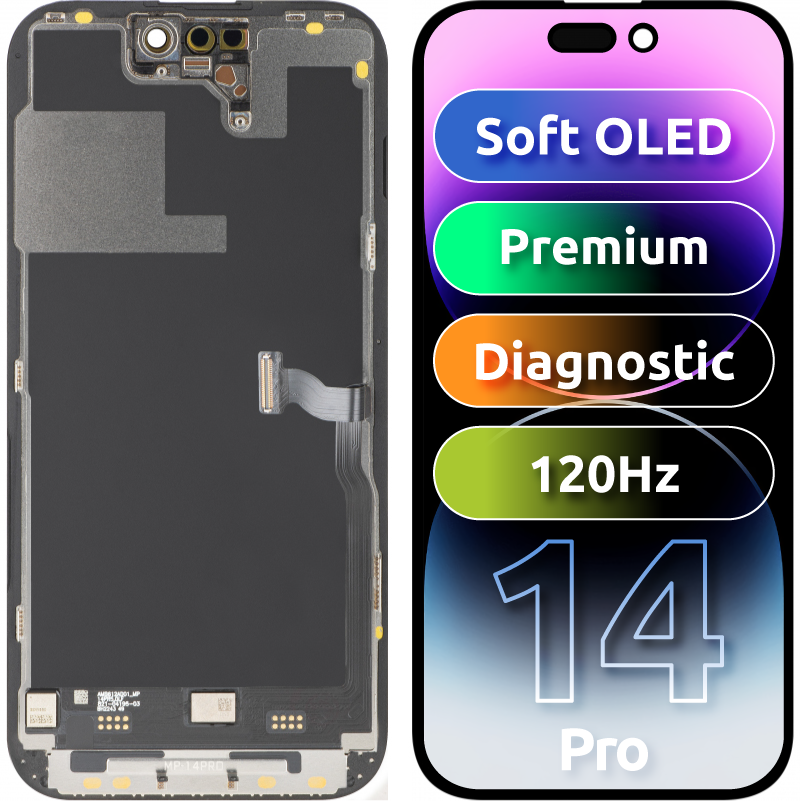 MP érintőképernyős kijelző kompatibilis az Apple iPhone 14 Pro készülékkel, kerettel, prémium soft OLED FHD 120Hz diagnosztikai verzió, fekete